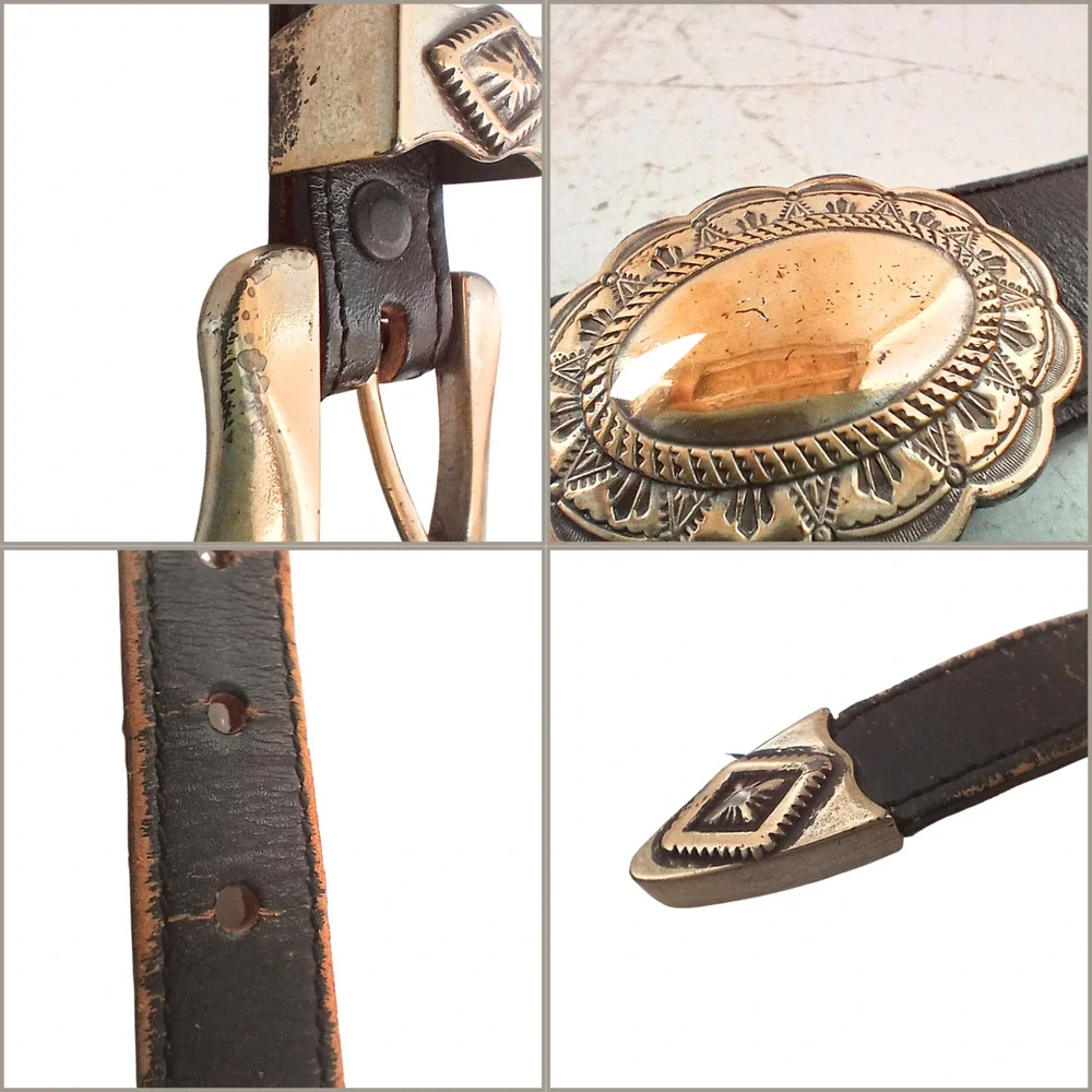 Vintage Justin Western Belt 32" Black Top Grain Leather Concho Silver Buckle - Picture 6 of 8